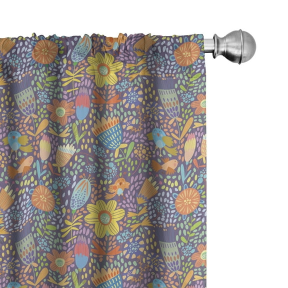Ambesonne Whimsical Curtains, Flowers Birds Cartoon Joy, Pair of 28"x84", Multicolor