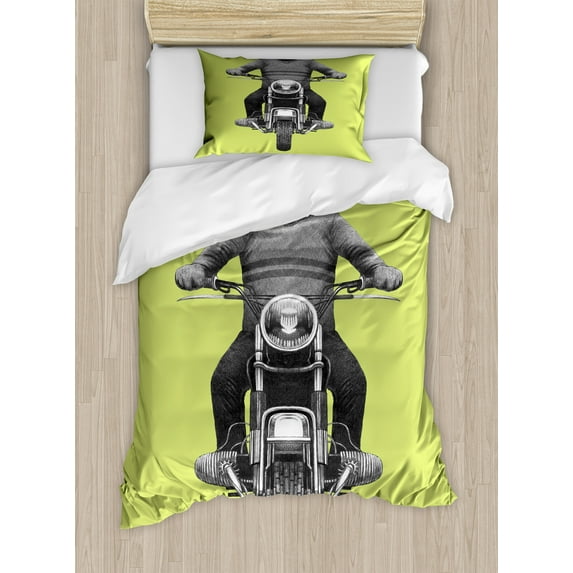 Ambesonne Whimsical Duvet Cover Sets, Raccoon Rides Motorcycle, 2-Twin, Pale Green and Grey