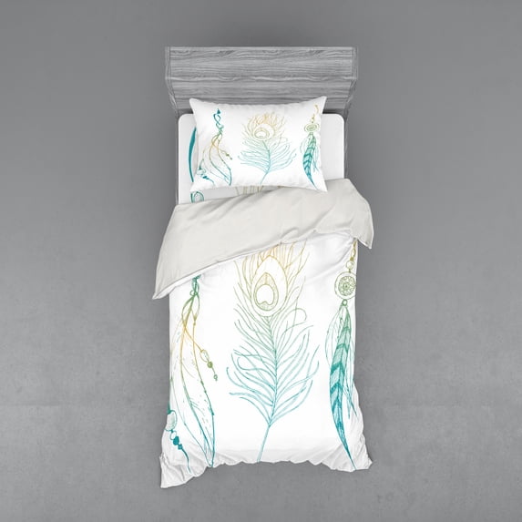 Ambesonne White Bedding Set 3 Pcs, Feather Peacock Vintage, Twin XL, Mint Green Yellow