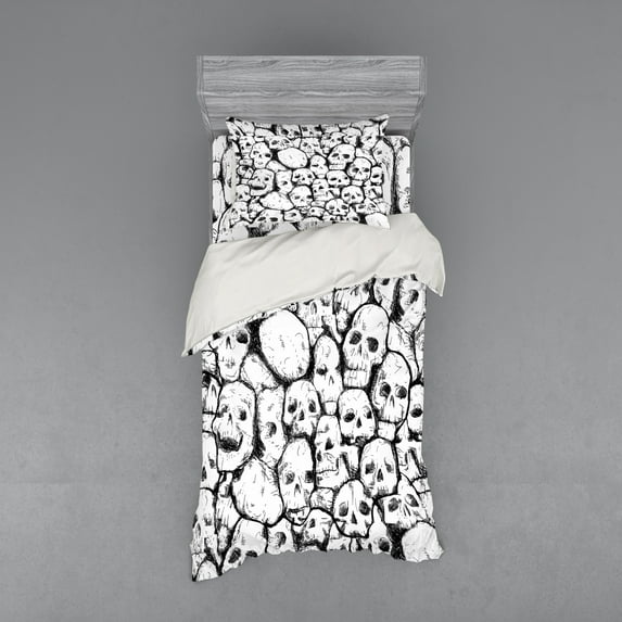 Ambesonne White Bedding Set 3 Pcs, Grungy Skulls Halloween, Twin XL, White Black