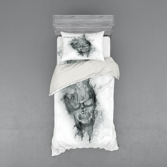 Ambesonne White Bedding Set 3 Pcs, Smoky Skull Grungy Art, Twin, Grey White