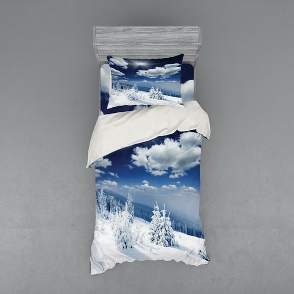 Ambesonne White Bedding Set 3 Pcs, Snow Covered Trees, Twin, Blue White