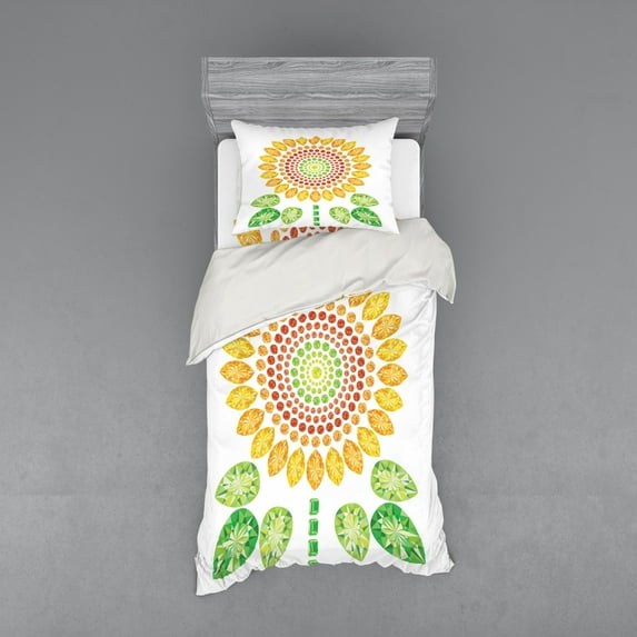 Ambesonne White Bedding Set 3 Pcs, Sunflower Mandala Design, Twin, Yellow White and Green