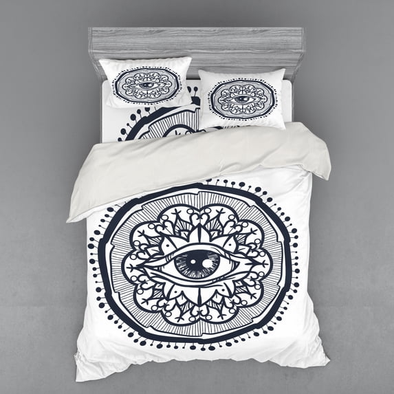 Ambesonne White Bedding Set 4 Pcs, Retro All Seeing Eye Art, Queen, Blue White