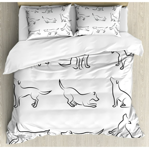 Ambesonne White Black Duvet Cover Sets, Digital Puppy Dog, 2-Queen, White Black