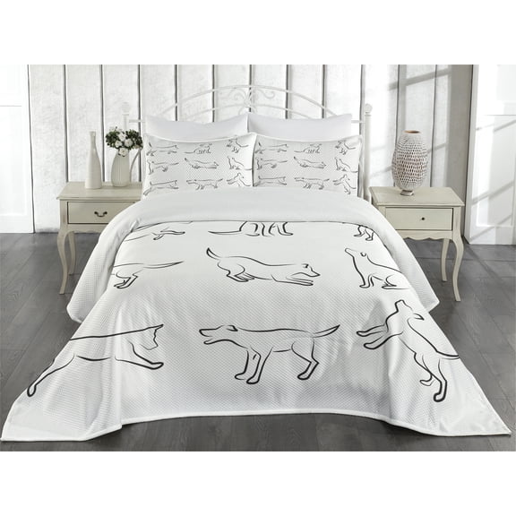 Ambesonne White Black Quilted Coverlet 3 Pcs, Digital Puppy Dog, Queen Size, White Black