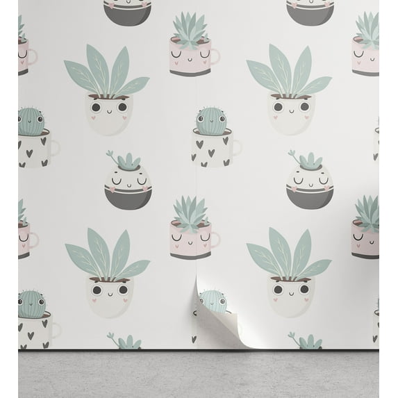 Ambesonne White Boho Peel & Stick Wallpaper for Home, Kawaii House Plants Art, 13"x100", Pale Teal Grey Ivory