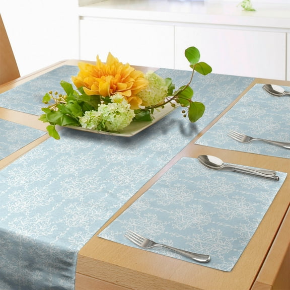 Ambesonne White Damask Table Runner & Placemats, Soft Curls and Blooms, Placemat 4 pcs + Runner 14"x90", Pale Blue