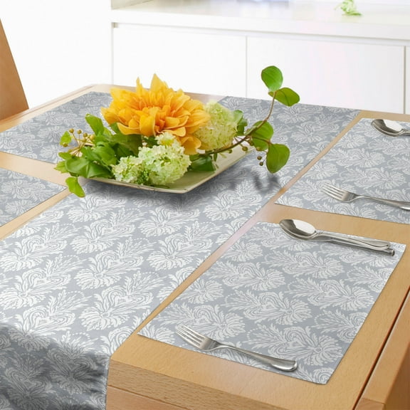 Ambesonne White Damask Table Runner & Placemats, Soft Tone Flourishes, Placemat 4 pcs + Runner 16"x90", Pale Purpleblue