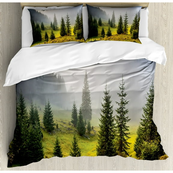 Ambesonne White Duvet Cover Set, Green Trees on Meadow, Calking, White Green