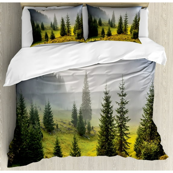 Ambesonne White Duvet Cover Set, Green Trees on Meadow, Queen, White Green