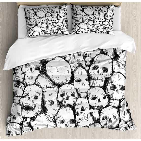 Ambesonne White Duvet Cover Set, Grungy Skulls Halloween, 2-Calking, White Black