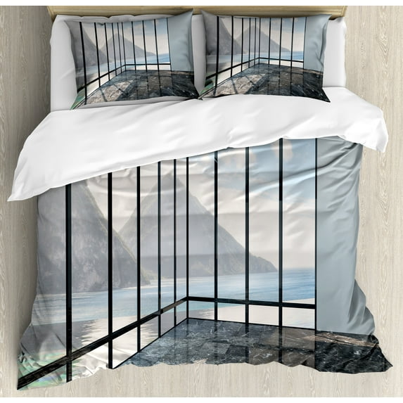Ambesonne White Duvet Cover Sets, Mountain Ocean Scenery, 2-Queen, Charcoal Grey Sky Blue