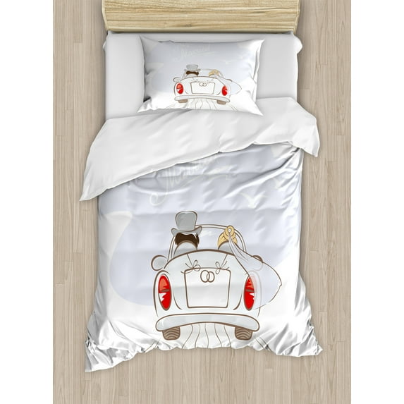 Ambesonne White Duvet Cover Sets, Retro Married Couple Car, 2-Twin, Grey Red White