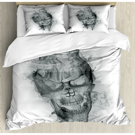 Ambesonne White Duvet Cover Sets, Smoky Skull Grungy Art, 2-King, Grey White