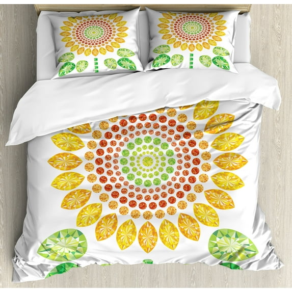 Ambesonne White Duvet Cover Sets, Sunflower Mandala Design, 2-Queen, Yellow White and Green