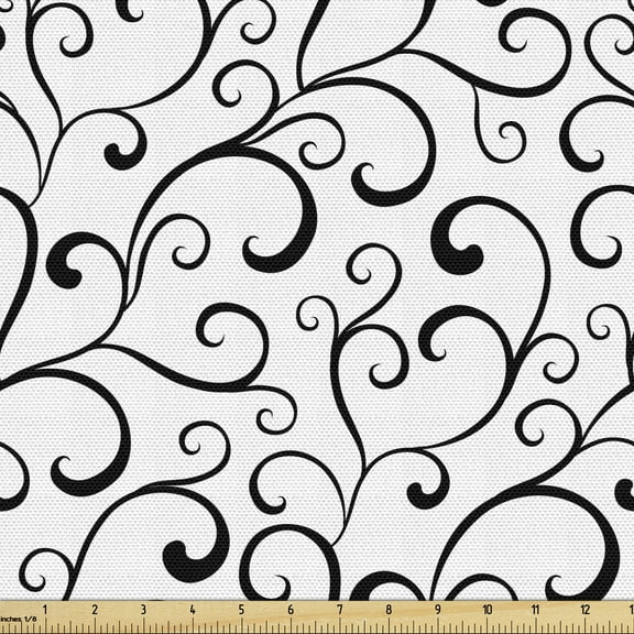Ambesonne White Fabric by the Yard Upholstery, Curlicue Organic Swirls Art, 1 Yard, Charcoal Grey and White
