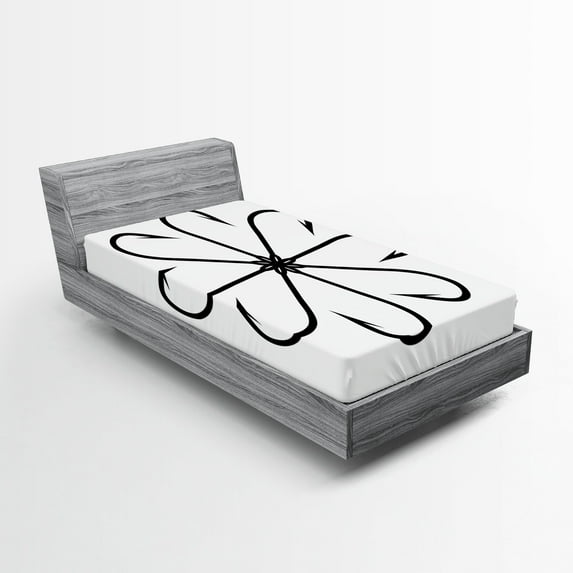 Ambesonne White Fitted Sheet, Fishing Hook, Twin XL Size, White and Black