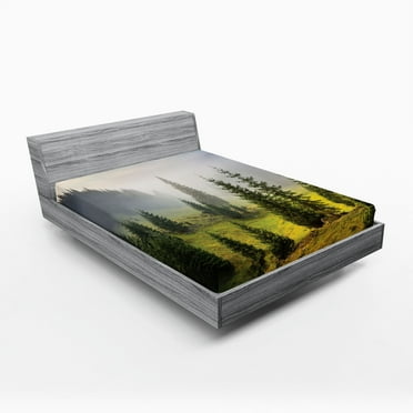 Ambesonne White Fitted Sheet, Green Trees on Meadow, Full Size, White Green
