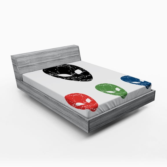 Ambesonne White Fitted Sheet, Grunge Alien Heads Art, Full Size, Red Green