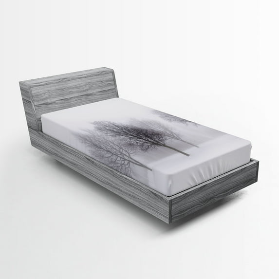 Ambesonne White Fitted Sheet, Misty Winter Scenery, Twin XL Size, Grey White