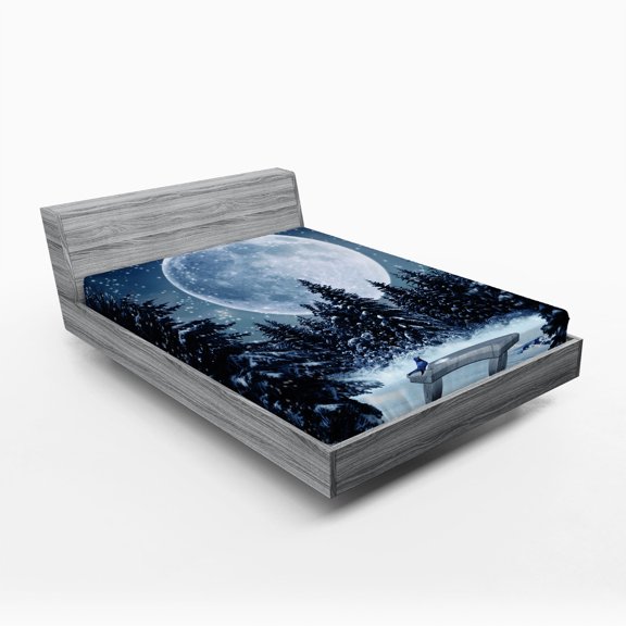 Ambesonne White Fitted Sheet, Moonlight Forest Bird, Queen Size, Blue White