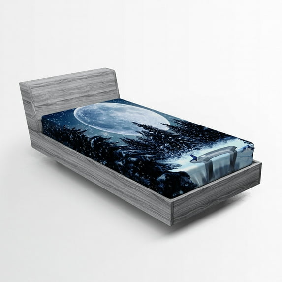 Ambesonne White Fitted Sheet, Moonlight Forest Bird, Twin Size, Blue White