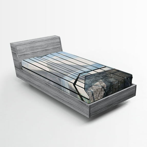 Ambesonne White Fitted Sheet, Mountain Ocean Scenery, Twin XL Size, Charcoal Grey Sky Blue