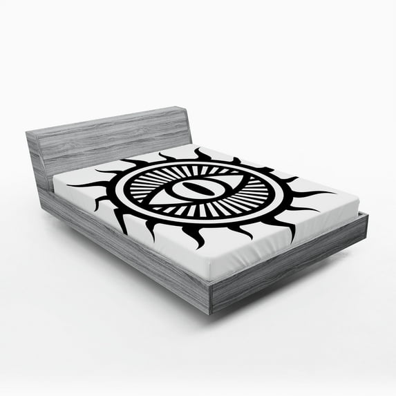 Ambesonne White Fitted Sheet, Occult Eye in Sun, Queen Size, Black and White
