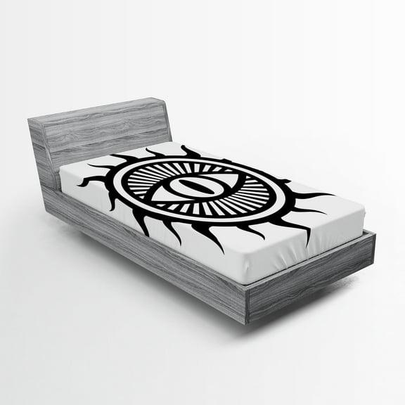 Ambesonne White Fitted Sheet, Occult Eye in Sun, Twin Size, Black and White