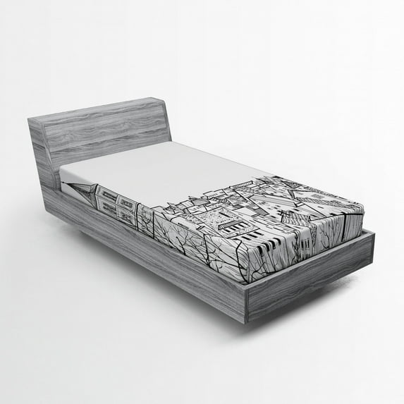 Ambesonne White Fitted Sheet, Sketch Style Cityscape, Twin XL Size, Black White
