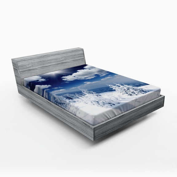 Ambesonne White Fitted Sheet, Snow Covered Trees, Queen Size, Blue White