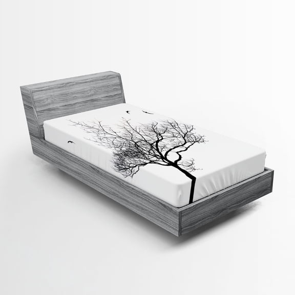 Ambesonne White Fitted Sheet, Tree Flying Birds, Twin Size, Black White