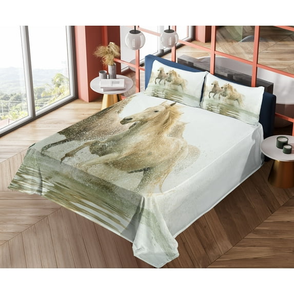 Ambesonne White Fitted & Top Sheet Set with Shams, Camargue Horses in Water, White Beige