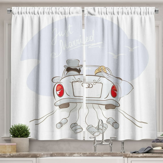 Ambesonne White Kitchen Curtains, Retro Married Couple Car, 55"x45", Grey Red White