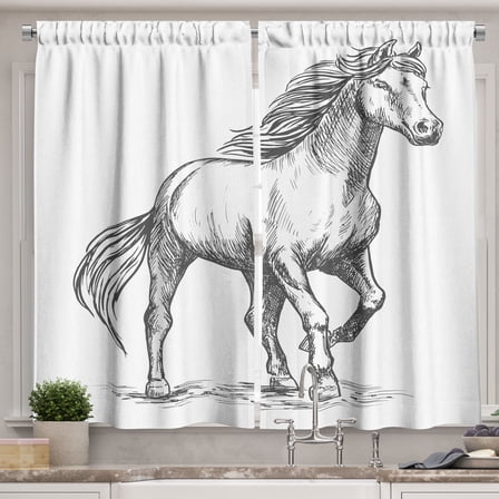 Ambesonne White Kitchen Curtains, Sketchy Graphic of a Horse, 55"x24", Grey and White