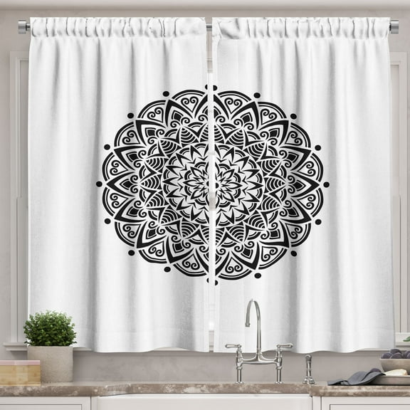 Ambesonne White Lace Print Kitchen Curtains, Bitonal Mandala, 55"x45", Charcoal Grey Pearl