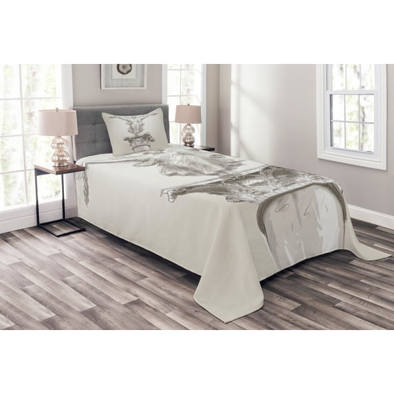 Ambesonne White Quilted Bedspread Set 2 Pcs, Greek Myth Muse Neo Antique, Twin Size, White Eggshell