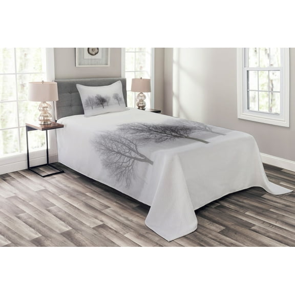 Ambesonne White Quilted Bedspread Set 2 Pcs, Misty Winter Scenery, Twin Size, Grey White