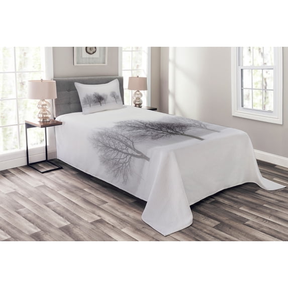 Ambesonne White Quilted Bedspread Set 2 Pcs, Misty Winter Scenery, Twin Size, Grey White