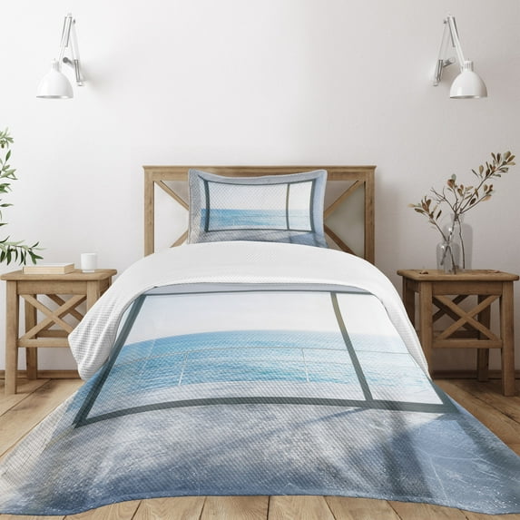 Ambesonne White Quilted Bedspread Set 2 Pcs, Ocean Scenery Apartment, Twin Size, Sky Blue White and Black