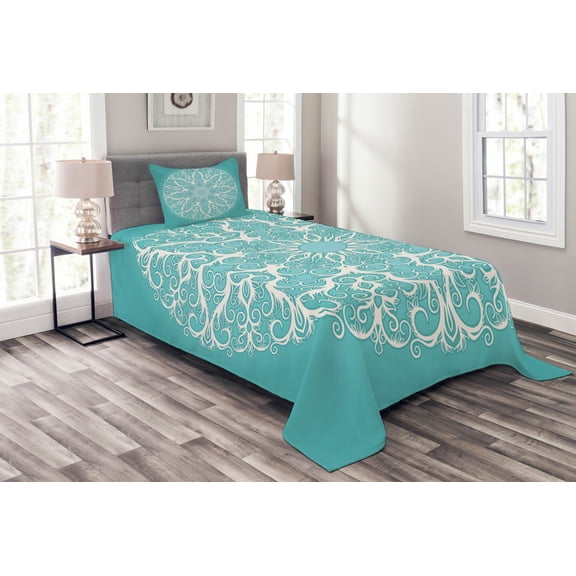 Ambesonne White Quilted Bedspread Set 2 Pcs, Symmetrical Floral Curves, Twin Size, White