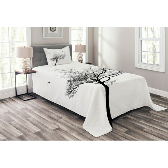 Ambesonne White Quilted Bedspread Set 2 Pcs, Tree Flying Birds, Twin Size, Black White