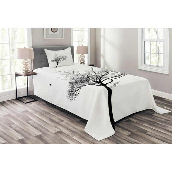 Ambesonne White Quilted Bedspread Set 2 Pcs, Tree Flying Birds, Twin Size, Black White