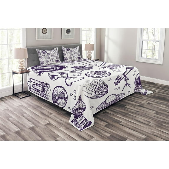 Ambesonne White Quilted Bedspread Set 3 Pcs, Sketch Alien Planet Art, Queen Size, Purple White