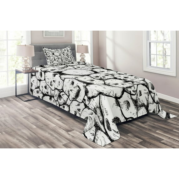 Ambesonne White Quilted Coverlet 2 Pcs, Grungy Skulls Halloween, Twin Size, White Black