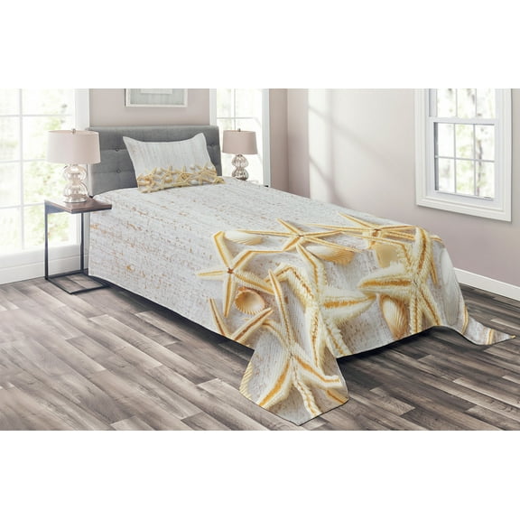 Ambesonne White Quilted Coverlet 2 Pcs, Sea Shells on Timber, Twin Size, Pearl Ivory