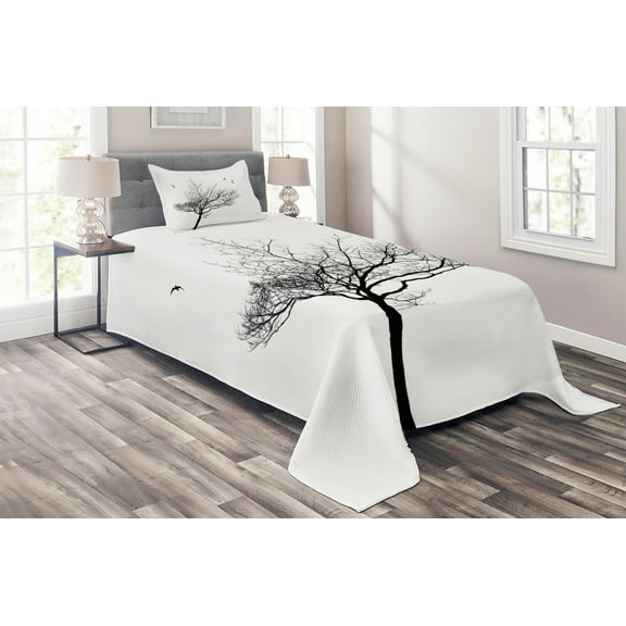 Ambesonne White Quilted Coverlet 2 Pcs, Tree Flying Birds, Twin Size, Black White