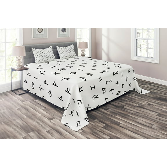 Ambesonne White Quilted Coverlet 3 Pcs, Anatolian Tribal, Queen Size, Black White