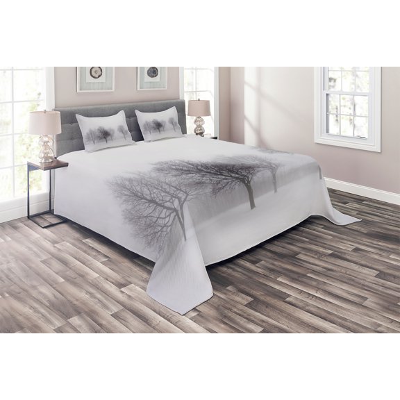 Ambesonne White Quilted Coverlet 3 Pcs, Misty Winter Scenery, King Size, Grey White